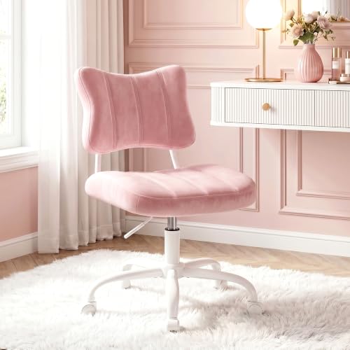 Homkdom Velvet Vanity Chair with Bow Backrest & Height Adjustable,Bedroom | Armless,360 Swivel,Silent Casters for Dressing Room & Living Room, Home Office,Make up,Reading,Light Pink - color: Light Pink