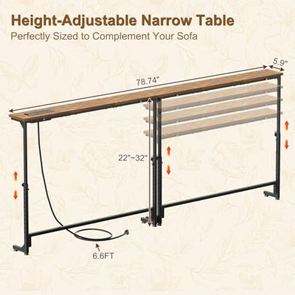 keomaisyto 2 Pack Narrow Sofa Table with Power Outlets, 22"-32" Height Adjustable Behind Couch Table, Skinny Console Table for Living Room,78.8" Long x 5.9" Wide, Rustic Brown