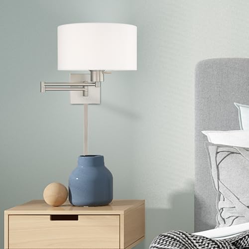 Livex Lighting 40036-91 1-Light Swing Arm Wall Light, Brushed Nickel | Off-White Fabric Shade - color: Brushed Nickel