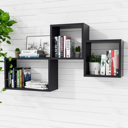 Wall Mount Shelf Set of 3, Floating Cube Shelves for Space Discovery Home and Commercial Use, Large Size Shelves Set, Black - color: Black, size: Set3