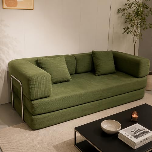78.7" Convertible Sofa Bed, Compressed Sleeper Couch with 2 Pillows, High-Density Memory Foam Corduroy Loveseat, No Assembly Floor Sofa for Living Room, Apartment, Bedroom, Small Space, Green - color: Green
