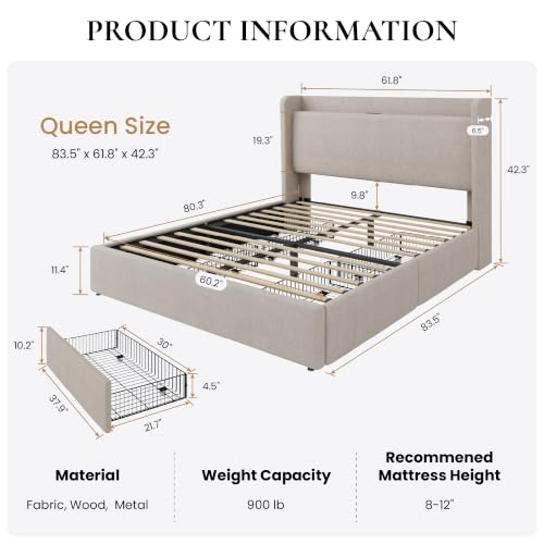 SHA CERLIN Queen Size Storage Bed Frame with 4 Oversized Drawers, Modern Wingback Headboard with Storage Shelf & Charging Station, No Box Spring Needed, Easy Assembly, Beige - color: Beige, size: Queen