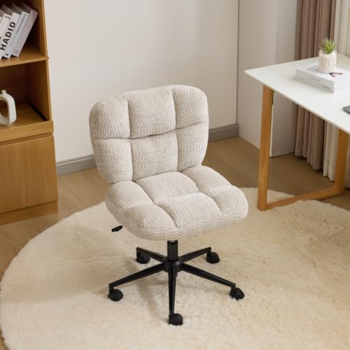 VINGLI Cute Armless Small Vanity Chair w/Plush Cushion &Fluffy Backrest, Comfy Swivel Chenille Office Desk Chair with 360° Wheels, Height Adjustable Makeup Chair for Bedroom&Dressing Room, Khaki - color: Khaki