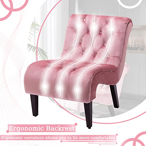 Comfy Velvet Accent Chair, Tufted Armless Side Chair with Rolled Edge | Modern Small Lounger for Living Room, Upholstered Reading Chaise Lounge with Solid Rubber Wood Legs, Pink - color: Pink, size: Set of 1