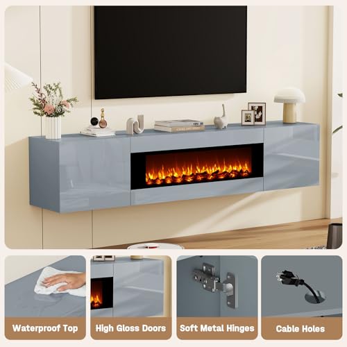 70" Wall Mounted Floating TV Stand with 36" Electric Fireplace, High Gloss Floating Entertainment Center TV Shelf for TVs Up to 80", Grey Fireplace Media Console Table Floating TV Cabinet Living Room - color: Grey, size: 70"-with fireplace