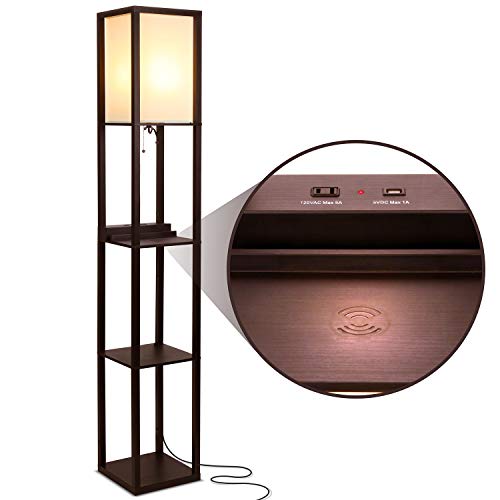 Brightech Maxwell – Modern Shelf Floor Lamp with USB Ports, Wireless Charging & Outlet – Versatile Corner Display and Lamp with Shelves, Storage Solution for Living Room, Office, Bedroom - color: Havana Brown