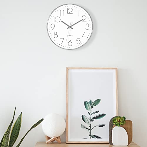 Foxtop 12" Modern Wall Clock Silent Battery Operated Analog Clock, Silver | Non Ticking, Quartz, Round, Easy to Read, Bedroom, Kitchen, Living Room, Office - color: Silver, size: 12 Inch Quartz