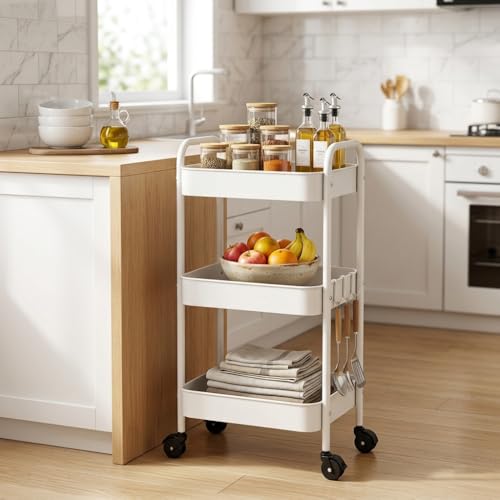 3-Tier Metal Rolling Cart with Smooth Casters, Lightweight Storage Utility Cart Mobile Organizer Rack, Multi-Purpose Basket Shelf for Kitchen, Bathroom, Closet, Pantry-White - color: White