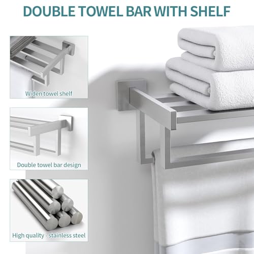 STWWO Double Towel Racks for Bathroom Wall Mounted, 24 Inch, Brushed Nickel | Double Towel Bar with Shelf, Dual Towel Rack with Shelf, Stainless Steel Hand Towel Hanger, Bath Towel Holder for Wall - color: Brushed Nickel