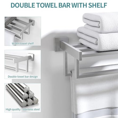 STWWO Double Towel Racks for Bathroom Wall Mounted, 24 Inch, Brushed Nickel | Double Towel Bar with Shelf, Dual Towel Rack with Shelf, Stainless Steel Hand Towel Hanger, Bath Towel Holder for Wall - color: Brushed Nickel
