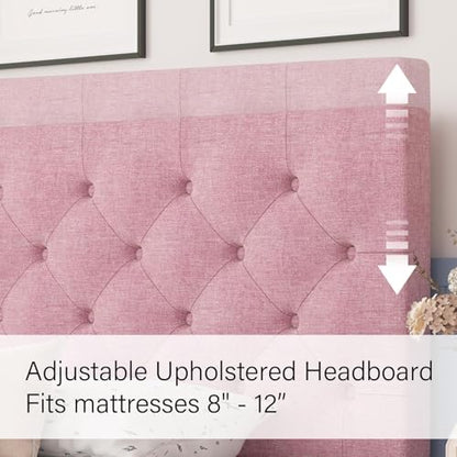 HOMBCK Queen Bed Frame, Pink Upholstered Bed Frame Queen with Headboard, Wood Slats Support, Linen Fabric, Button Tufted Design, No Box Spring Needed, Pink - color: Pink, size: Queen