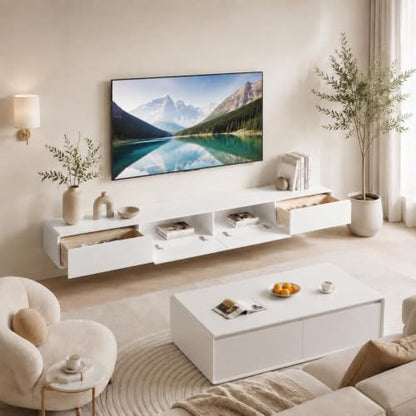 Floating TV Stand, Modern Wall-Mounted Entertainment Center with 1 Flip-Down Cabinet Doors 2 Drawers, Solid Wood Media Console (White, 63") - color: White, size: 63"