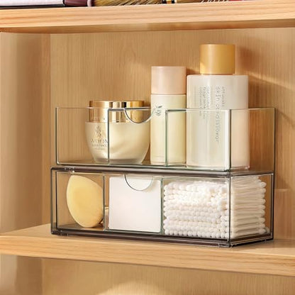 PAVSTINE Medicine Cabinet Organizer 2 Pack, Stackable Storage Drawers with Removable Divider, Make Up Organizer for Bathroom Mirror Cabinets, Vanity, Closet, Countertop - Clear - size: 2-Tier