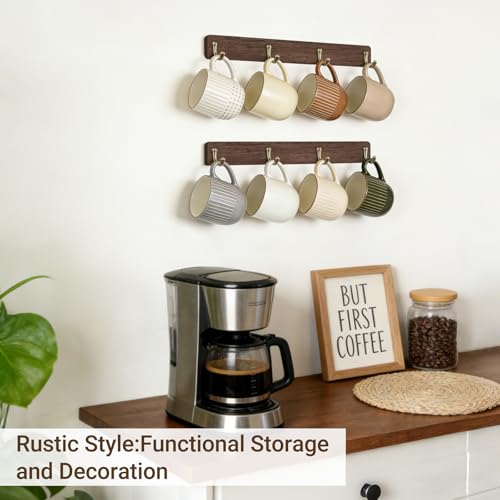 Mkono Wall Mug Holder, Wooden Coffee Cup Hanger Rack with 8 Hooks, Brown | 2 Pcs Storage and Display Mug Shelf, Space Saving, Easy Install, Durable Metal Hooks, Kitchen Dining Coffee Bar Organizer