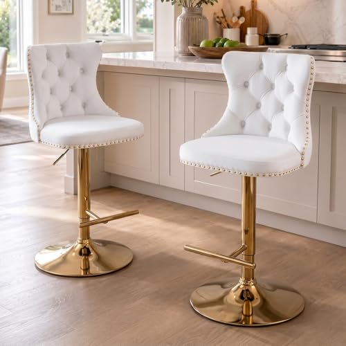 Velvet Bar Stool Set of 2, Adjustable Swivel Bar Stools with Gold Plated Metal Leg, Button Tufted, Footrest, Chrome Nailhead, Counter Height Chair for Kitchen, Bar, Dining Room (Beige) - color: Beige-gold Leg, size: Set of 2