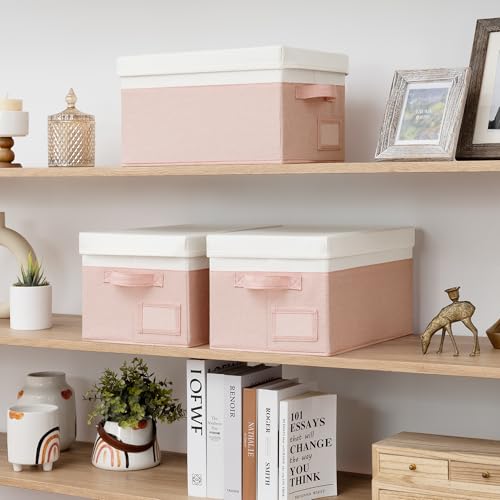 GRANNY SAYS Storage Bins with Lids, Decorative Storage Boxes with Lids | Storage Box with Dust Cover, Handles & Lable, Collapsible, Ideal for Closet Clothes Blanket Toys, Medium, White&Pink, 3-Pack - color: White&Pink, size: Medium