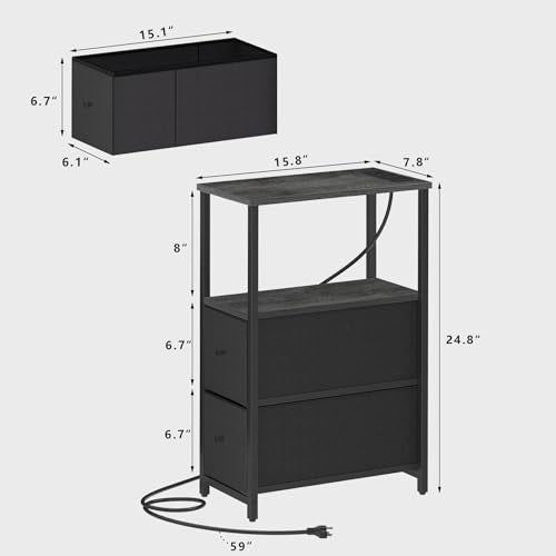 TUTOTAK Narrow End Table with Charging Station, Skinny Side Table | Bedside Table with Outlets, Nightstand with 2 Cloth Drawers, Couch Table for Living Room, Bedroom, Charcoal Grey TB01BY055 - color: Charcoal Grey, style: 2 Drawers & Plug