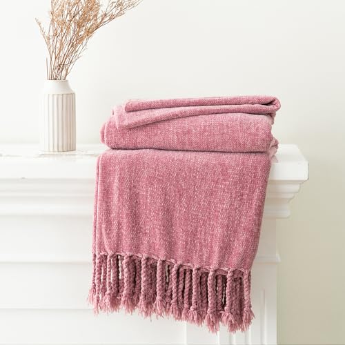 BATTILO HOME Pink Chenille Throw Blanket for Couch, Soft Cozy Textured Knit Throw Blanket with Handmade Fringe Tassels, Lightweight Decorative Farmhouse Blanket for Sofa Bed Chair, 50"x60" | Soft Chenille Knit with Handmade Fringe Tassels, Lightweight, Co