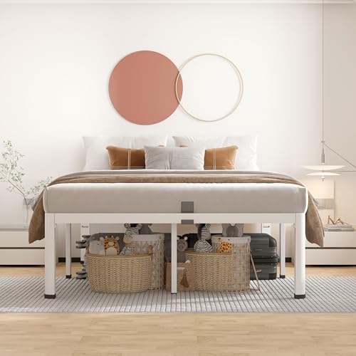 ROIL 18 Inch White Queen Bed Frame with Rounded Corner & 4 Mattress Baffles | Easy Assembly, Noise Free, 3500LBS Load Capacity, No Box Spring Needed, 16.4" Storage Space, Headboard Hole, Heavy Duty Steel - size: Queen, style: 18 Inch White