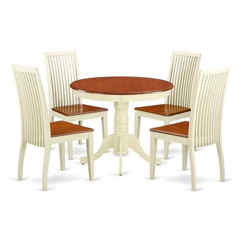 East West Furniture ANIP5-BMK-W 5 Piece Dining Table Set for 4 Includes a Round Kitchen Table with Pedestal and 4 Dining Room Chairs, 36x36 Inch, Buttermilk & Cherry - color: Anip5-bmk-w