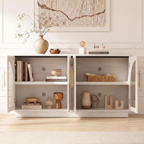 Fatmok 59" Arched Glass Sideboard Buffet Display Cabinet,White Oak | Adjustable Shelves,for Curio,Collectible,Mid-Century Modern,Soft Close Hinges,FSC Wood,Dining/Living Room - color: B-white Wood Grain