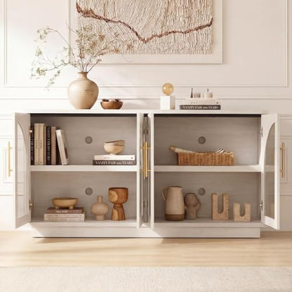Fatmok 59" Arched Glass Sideboard Buffet Display Cabinet,White Oak | Adjustable Shelves,for Curio,Collectible,Mid-Century Modern,Soft Close Hinges,FSC Wood,Dining/Living Room - color: B-white Wood Grain
