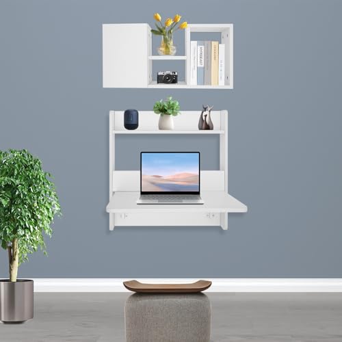 Floating Desk | Wall-Mount Computer Desk | Fold Down Laptop Desk | Writing Study Table | Folding Table Workstation | with Storage Shelves | 14.2in Wide Tabletop (White) - color: White