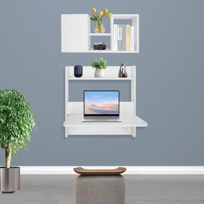 Floating Desk | Wall-Mount Computer Desk | Fold Down Laptop Desk | Writing Study Table | Folding Table Workstation | with Storage Shelves | 14.2in Wide Tabletop (White) - color: White