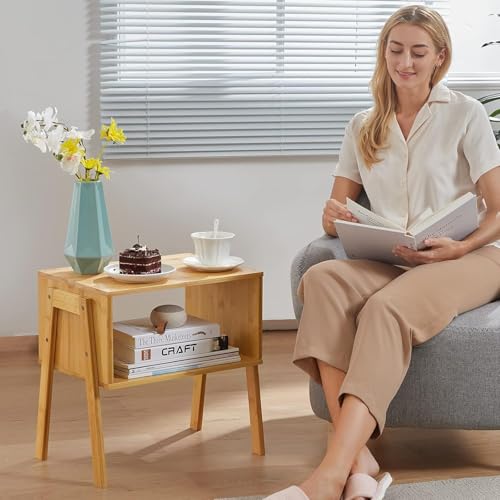 Pipishell Nightstands Set of 2, Bamboo Stackable Bedside Table, Night Stands with Storage Shelf, Small Bed Side Tables, 2-Tier End Table for Bedroom, Dorm and Small Space Storage (Natural)