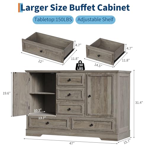 GarveeHome 47" Farmhouse Sideboard Buffet Cabinet, Sideboard Storage credenza with 5 Drawers and 2 Doors, Wood Coffee Bar Cabinet, Buffet Table for Dining Room Living Room, Grey - color: Grey