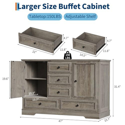 GarveeHome 47" Farmhouse Sideboard Buffet Cabinet, Sideboard Storage credenza with 5 Drawers and 2 Doors, Wood Coffee Bar Cabinet, Buffet Table for Dining Room Living Room, Grey - color: Grey