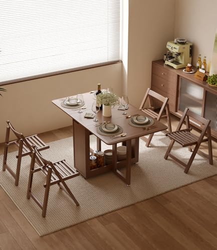 AnywaysWood Folding Dining Table with 4 Foldable Chairs Set, Space Saving Extendable Solid Wood Drop Leaf Table for Kitchen Dining Living Room Small Spaces Simple Assembly - size: 55 Inch Wood Foldable Table with 4 Chairs
