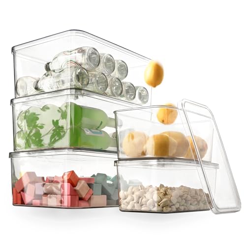 Clear Storage Bins With Lids,5 Packs Food Storage Organizer,Cabinet Storage Basket for Clothing, Towels, Cosmetics, Kitchen Storage Containers,Transparent Pantry Containers (3L+2S) - size: 3L+2S