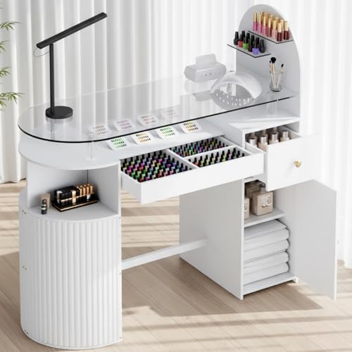 Manicure Table Nail Station with Tempered Glass Top, Professional Nail Tech Desk with Storage Cabinet & Drawer, Acetone Resistant, for Nail Beauty Salon Workstation(White) - color: White, size: no dust collector