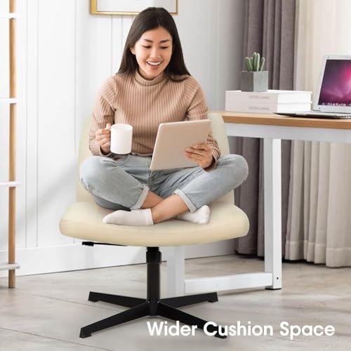 Criss Cross Chair, Armless Cross Legged Office Chair, Comfortable Vanity Chair with Back, Fabric Adjustable Wide Swivel Criss Cross Desk Chair for Home Office, Beige - color: Beige