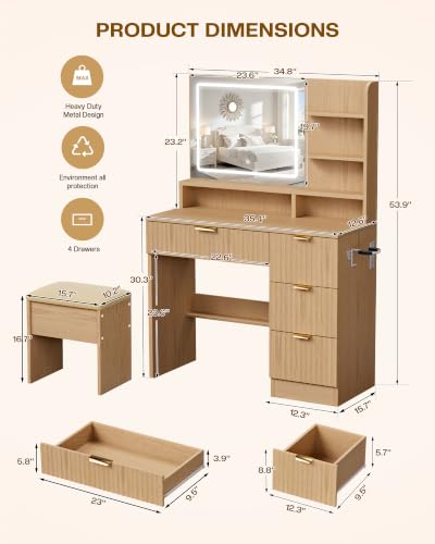 LIVELYGLOW 35.4" Wooden Makeup Vanity Set with Charging Station & Stool | Smart LED Mirror, Fluted Design, Cushioned Stool, Hairdryer Rack - color: Wooden