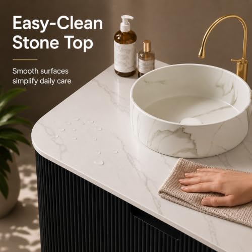 24" Floating Bathroom Vanity with Sink, Wall Mounted Plywood Cabinet, Black Fluted Front, Sintered Stone Countertop, White Marble-Look Ceramic Vessel Sink, Soft-Close Drawer, Pre-Assembled - color: Black Cabinet / White Marble Sink, size: 24 Inch