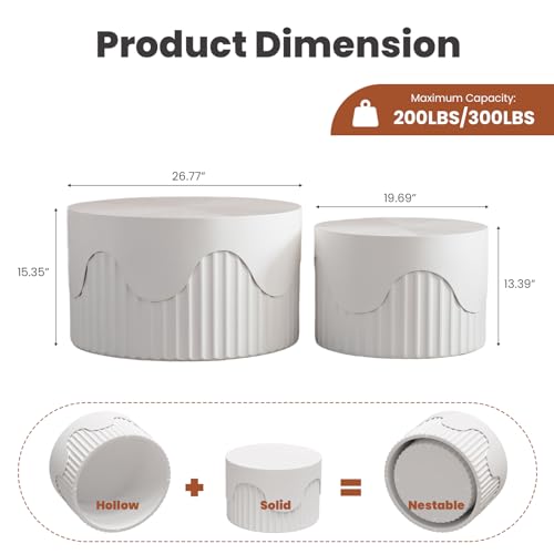 JHKZUDG 2-Pack Nesting Coffee Tables 26.8" & 19.7" White, Fluted Wood | Modern Wood Accent Furniture Set, Space-Saving Design for Living Room & Bedroom, Unique Fluted End Tables - color: 26.77"+19.69" White