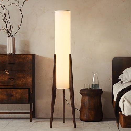 Wabi-Sabi 50" Wood Tripod Floor Lamp with Paper Lantern Inspired | Tall Linen Fabric Shade, E26 3-Color Temperatures Bulb Included, Foot Switch, Walnut Finish For Living Room, Bedroom, Office - color: Walnut