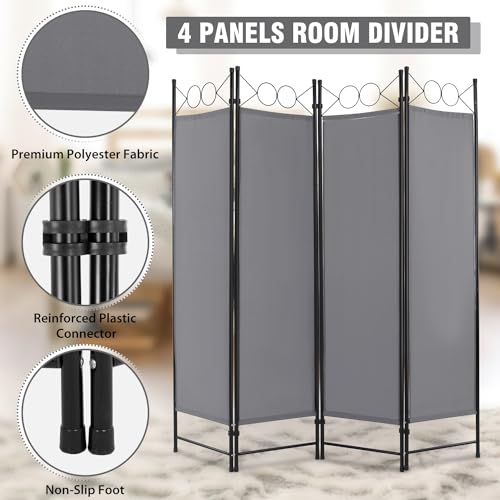 4 Panel Room Divider 6FT Steel Frame Screen Folding Privacy Divider Freestanding Partition for Home Office Bedroom,Grey - color: Grey