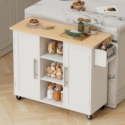 DUMOS 42in Kitchen Island with Storage, Drop Leaf, Spice Rack, Towel Rack | Rolling Cart on Wheels, Adjustable Shelves, Wood, Mobile Utility Serving Table, Living Room, Dining Room, White - color: White