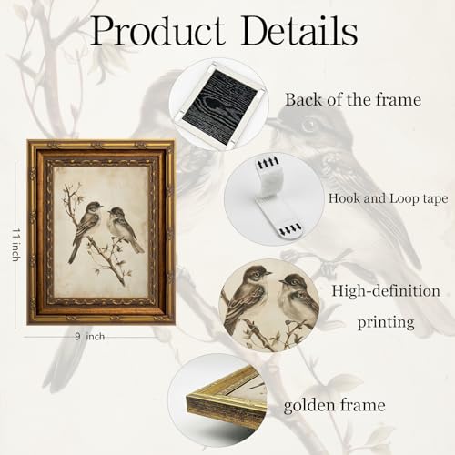 Vintage Gold Framed Wall Art Neutral Summer Bird Wall Art Vintage Botanical Birds Nature Wall Decor Picture Rustic Cottage Gallery Poster Print for Living Room Bedroom 9x11in - color: Birds, size: 11"l X 9"w