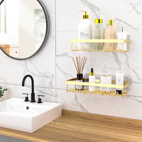 Moforoco Shower Caddy Shelf Organizer Rack, Self Adhesive Black Bathroom Shelves Basket, Home Farmhouse Wall Inside Organization and Storage Decor Rv Accessories, First Camper Apartment Essentials - color: Gold, size: Medium