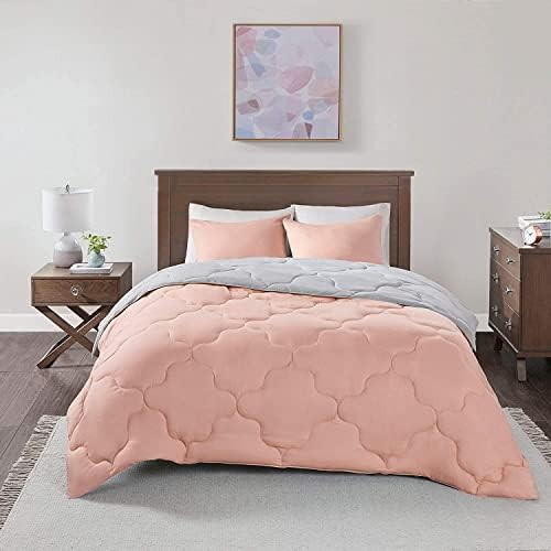 Comfort Spaces Vixie Reversible Comforter Set - Trendy Casual Geometric Quilted Cover, All Season Down Alternative Cozy Bedding, Matching Sham, Coral/Gray, Twin/Twin XL 2 piece | Down Alternative, All Season, Bedding for Bedroom, Geometric Pattern, Revers
