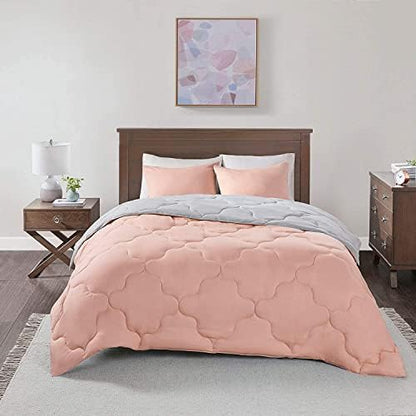 Comfort Spaces Vixie Reversible Comforter Set - Trendy Casual Geometric Quilted Cover, All Season Down Alternative Cozy Bedding, Matching Sham, Coral/Gray, Twin/Twin XL 2 piece | Down Alternative, All Season, Bedding for Bedroom, Geometric Pattern, Revers