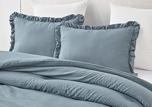 Chezmoi Collection Nora Dusty Blue Comforter Set Full Size 3-Piece Fluffy Soft Stone-Washed Ruffled Shabby Chic Bedding for All Season - color: Dusty Blue, Ruffled Edge, size: Full