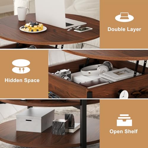 FABATO 26.77” Round Lift Top Coffee Table with Storage, Espresso | Farmhouse Coffee Table, 2 Tier Small Round Center Table, Center Table for Living Room, Circle Dining Table - color: Espresso