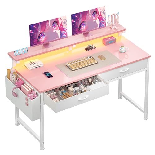 DurayLoly 47.3” Office Computer Desk with LED Lights&2 Fabric Drawers,Pink | Gaming Desk with Side Pocket & Ergonomic Monitor Stand,Small Space Writing Table: Sturdy Metal Frame,Anti-Tip Design for Teen - color: Pink, size: 47.3 Inch