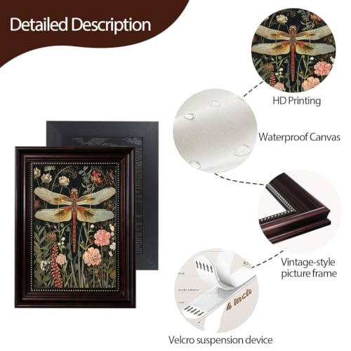 Framed Vintage Dragonfly Canvas Wall Art Pink Floral Insect Wall Decor Pictures Drak Green Cottagecore Botanical Poster Prints for Living Room Bedroom Home Decoration 16x24in - color: Dragonfly, size: 24"L x 16"W