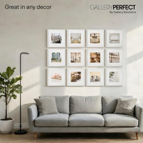 Gallery Perfect - 12-Piece White Square Photo Frame - Set with Hanging Template - Wall Gallery Kit - 16.5"x10.2"x16.7" - Square Wall Mount - Complete Set - Galley Wall - Picture Frame Set - color: White